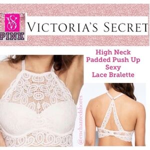Victorias Secret PINK High Neck Lace Bralette Push Up Bra Ivory Cream Size Large